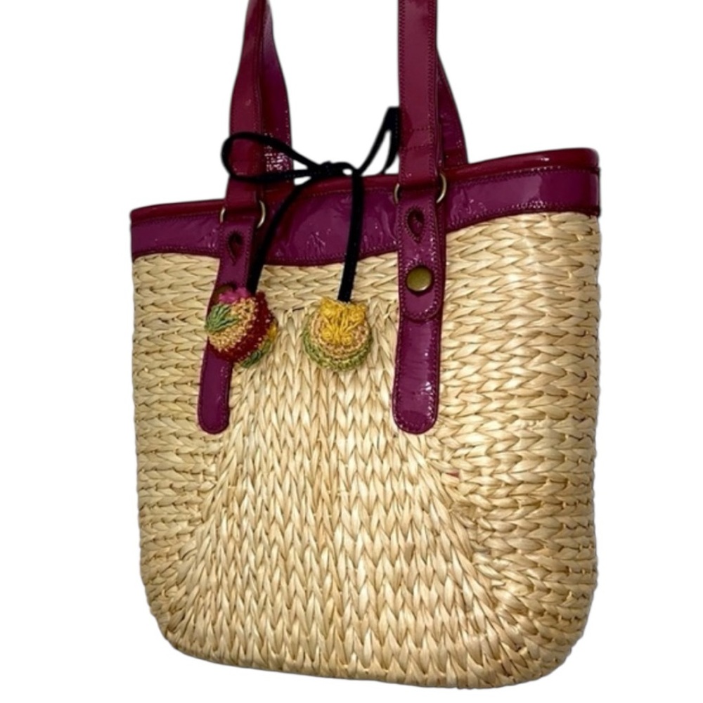 Lucky Brand Woven Straw Tote Patent Leather Beach Bag Boho Resort Large - Picture 3 of 9